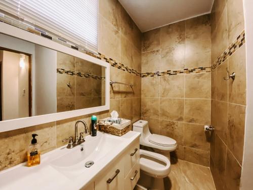 a bathroom with a sink and a toilet and a mirror at Private Oasis with Jacuzzi and Cabana Pet Friendly in San Juan