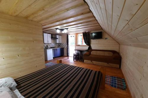 ein kleines Zimmer mit einem Sofa und einer Küche in der Unterkunft Номер 6 Садиба У Ані in Synewyrska Poljana