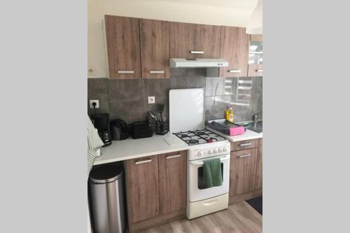 a kitchen with wooden cabinets and a stove top oven at F2 proche gare et toute commodité in Château-Thierry