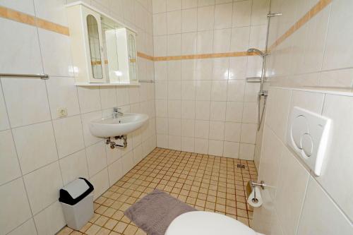 a bathroom with a toilet and a sink at Hof Brinker - Haffblick in Boiensdorf