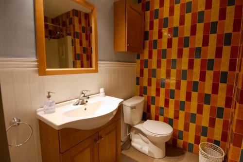 a bathroom with a sink and a toilet and a mirror at Crossett Hill Lodge in Duxbury