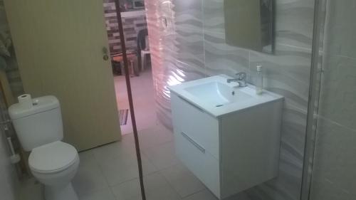 La salle de bains est pourvue de toilettes blanches et d'un lavabo. dans l'établissement Appartement les Saules à Cilaos, à Cilaos