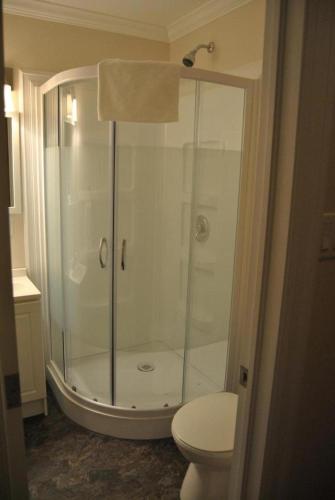 a bathroom with a shower and a toilet at Arnold's Cove Inn in Arnold's Cove