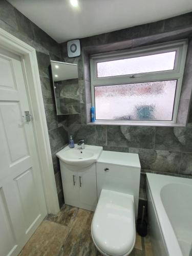 a bathroom with a toilet and a sink and a window at The Shed in Darlington