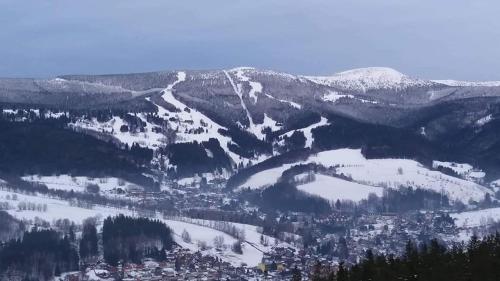 a view of a snow covered mountain with a town at Apartmany Pohořaly in Rokytnice nad Jizerou