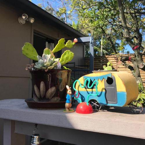 a toy train on a table next to a potted plant at XYL Holiday Inn in Caloundra