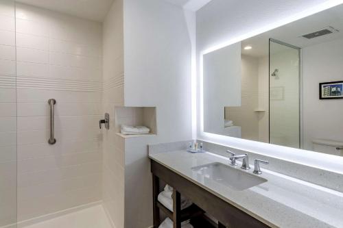 La salle de bains est pourvue d'un lavabo, d'une douche et d'un miroir. dans l'établissement Comfort Inn & Suites, à Olive Branch