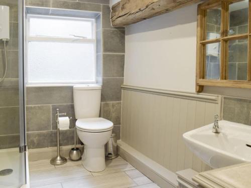 a bathroom with a toilet and a sink at Upside Down Cottage in Richmond