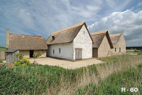 an old building with a thatched roof on a field at les terrasses2 in Ostend