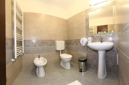 a bathroom with a sink and a toilet and a mirror at Hotel Poarta Transilvaniei in Bistriţa