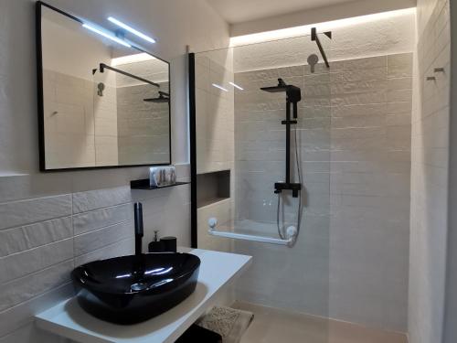 y baño con lavabo negro y ducha. en PARMA EXPRESS Traveller's Lodging front Station FS Privat PARKING, en Parma