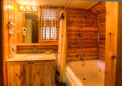 a bathroom with a tub and a sink and a bath tub at Wildwood on the Lake in Lake Placid