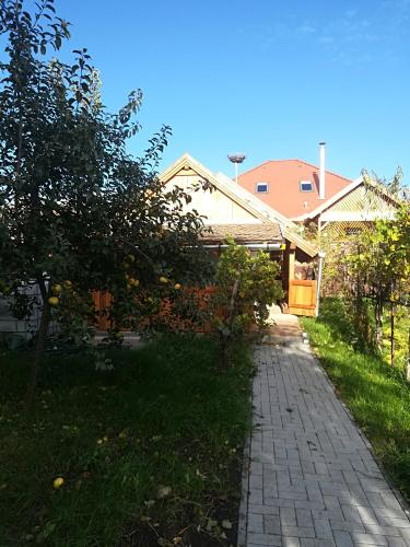 a house with a brick path in front of a house at Vár-Liget Vendégház in Kisnána