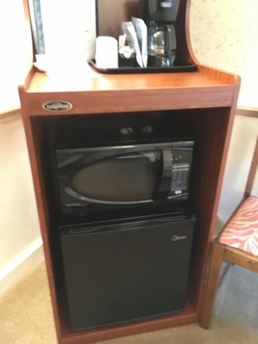 a microwave in a wooden stand with a microwave oven at Alexander's Lodge in Ashford