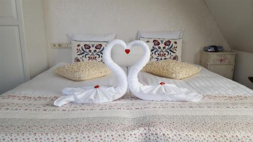 Deux cygnes blancs sont assis sur un lit dans l'établissement Het Uilenbos, à De Koog