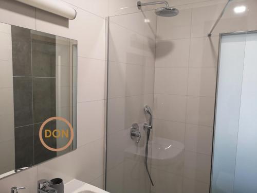 a bathroom with a shower with a sink and a mirror at Penzion DON in Třebíč