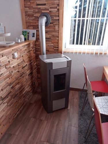 a fireplace in a room with a heater at Ferienhaus Alpengarten in Bad Aussee