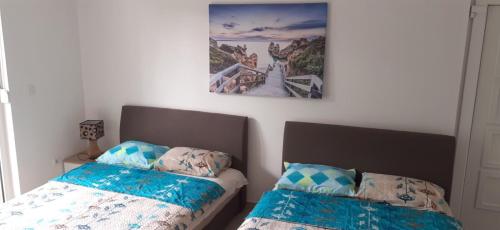 a bedroom with two beds and a painting on the wall at Studio apartman Budex in Đenovići