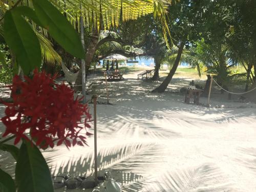 a sandy beach with tables and chairs in the shade of trees at Kahanbu Ocean View in Thulusdhoo