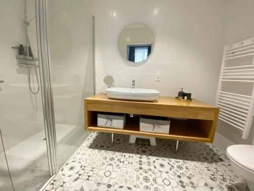 a bathroom with a sink and a mirror at Manoir 1838 à - 3 km du Zoo de Beauval & proche des châteaux in Saint-Aignan