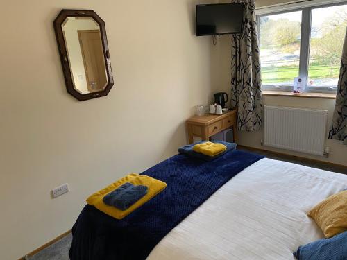 a bedroom with a bed with two towels on it at Moelfre B&B in Machynlleth