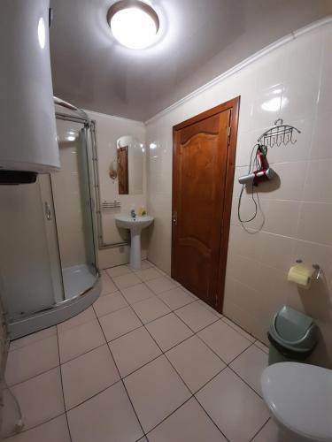 a bathroom with a toilet and a shower and a sink at Cottage Zhelikhovskykh in Tatariv