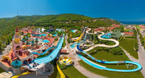 an aerial view of a water park with slides at Villa Agean Beach in Kuşadası