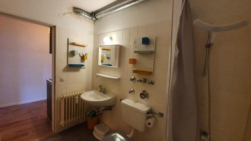 e bagno con lavandino, servizi igienici e doccia. di FeWo Schneerose, Steibis a Oberstaufen