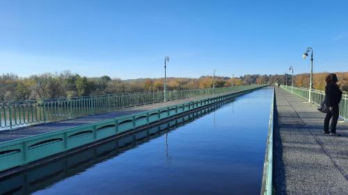 a person standing on a bridge over a river at Maison ancienne à 10mn des bords de Loire in Ouzouer-sur-Trézée