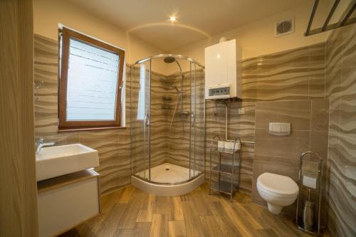 a bathroom with a shower and a toilet and a sink at Domki Platan w Karkonoszach in Kowary