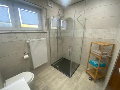 a bathroom with a glass shower and a toilet at Ferienwohnung Wasserturmblick in Bebra