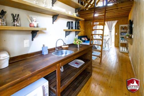 a kitchen with a sink in a tiny house at Pousada Chalé Suiço Bombinhas in Bombinhas