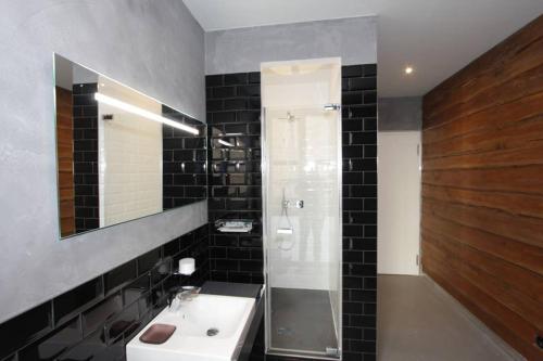 a bathroom with a sink and a shower and a mirror at Stylisches Loft-Apartment mitten in Berlin in Berlin