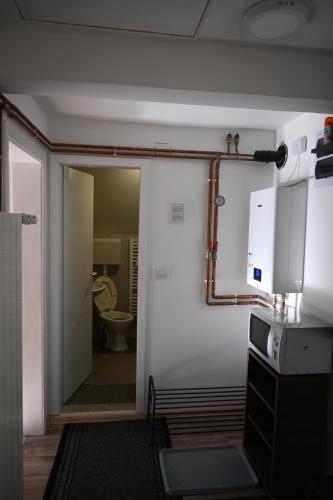 ein Bad mit WC und eine Tür zu einem Zimmer in der Unterkunft Apartman Vukašin in Kopaonik
