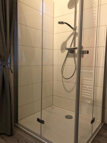 a shower with a glass door in a bathroom at Apartment am Schelfmarkt in Schwerin