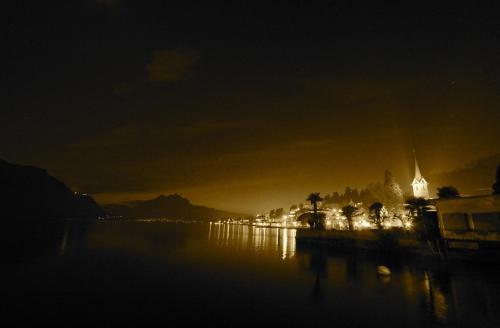 a view of a city at night with the water at Seehotel Gotthard in Weggis