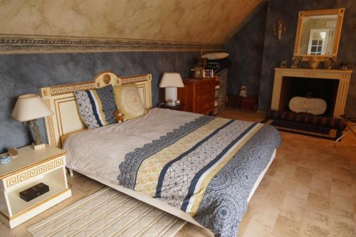 ein Schlafzimmer mit einem großen Bett und einem Kamin in der Unterkunft 72m² avec terrasse dans demeure angevine de 2 étages in Angers