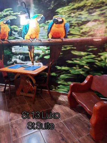 a group of birds sitting on a wooden table at Lual Motel Sorocaba-SP in Sorocaba