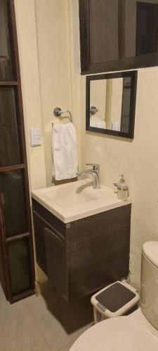 een badkamer met een wastafel, een toilet en een spiegel bij Chalet San Juanillo in San Juanillo