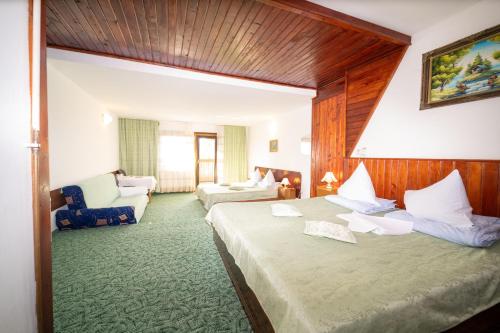 a hotel room with a large bed and a couch at Pensiunea Margaritar in Predeal