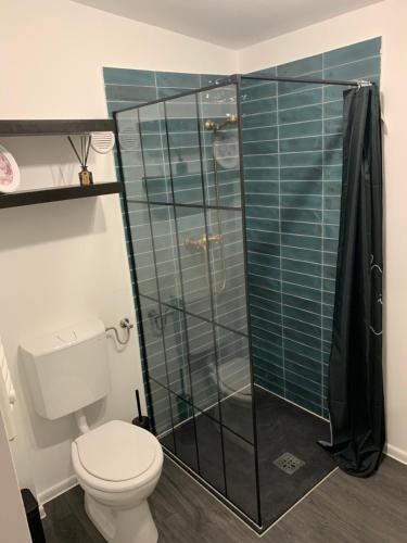 a bathroom with a toilet and a glass shower at Smaragd in Doba
