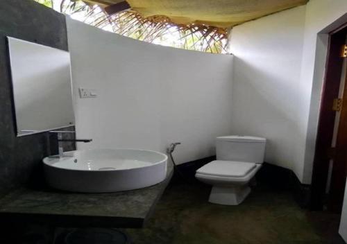 a bathroom with a white toilet and a sink at Rice Rice Villas in Tissamaharama