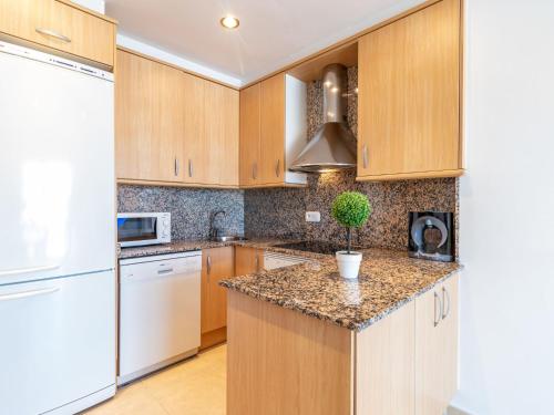 a kitchen with wooden cabinets and a potted plant on the counter at Apartment Nuvol Blau-3 by Interhome in Roses