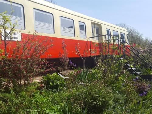 a train is parked in a garden with flowers at Hébergement Insolite Picasso in Lanester