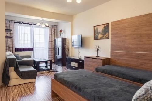 a hotel room with a bed and a couch and a tv at TATRYSTAY Apartments Tatranska in Veľká Lomnica