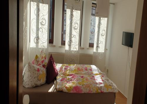 a bedroom with a bed with pillows and windows at Ferienwohnung Schöne Ecke in Wernigerode