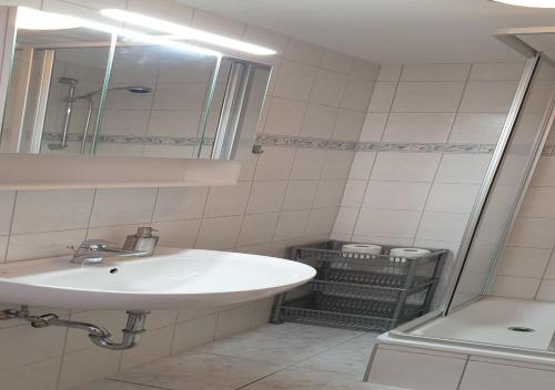 een witte badkamer met een wastafel en een douche bij Ferienwohnung Schöne Ecke in Wernigerode