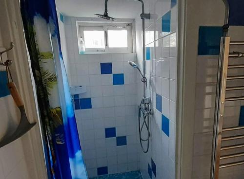 uma casa de banho com um chuveiro com azulejos azuis e brancos em Close to the beach em Wijk aan Zee