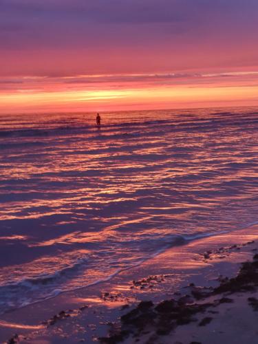 a person standing in the water at sunset at Dzintaru apartaments in Liepāja