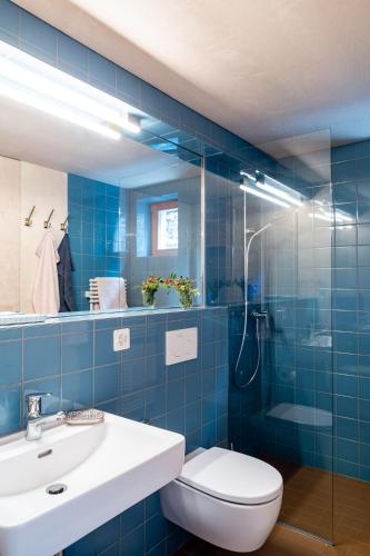 a blue tiled bathroom with a toilet and a sink at Chalet Labbrunnu EG in Rosswald